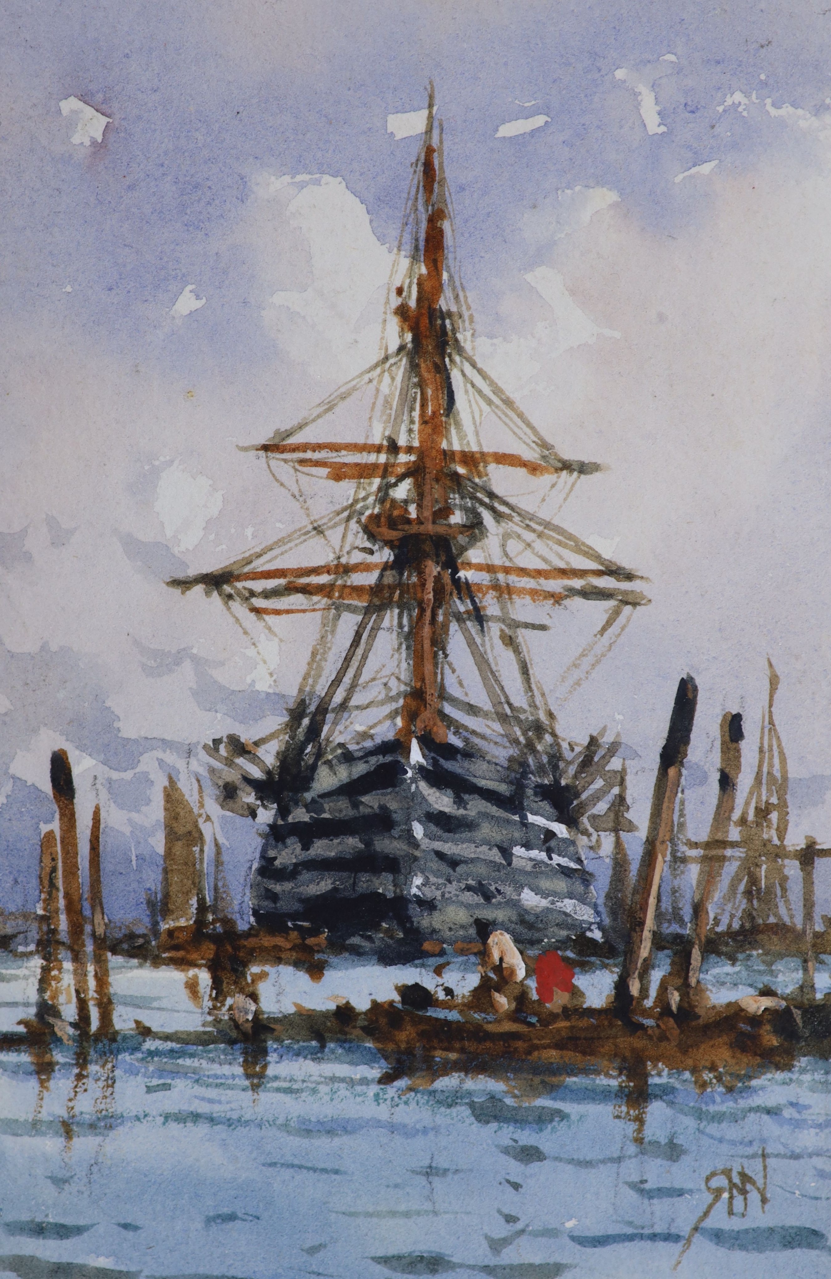 Richard Henry Nibbs (1816-1893), watercolour, Warship in harbour, signed, 13 x 8.5cm, Exhibited at Burstow Gallery, The Age of Sail and Seamanship 1982